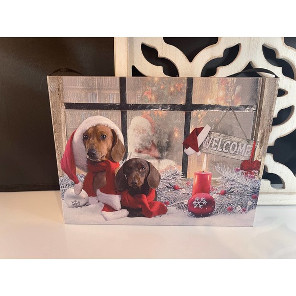 Lighted Dachshund Santa Hat‎ Holiday Scene Canvas Wall Hanging Tested & Works - Picture 10 of 10